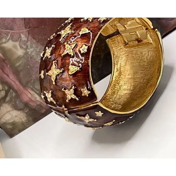 Bronze Enamel Gold & Crystal Kenneth Jay Lane Hearts & Star Bangle Bracelet - Picture 5 of 16